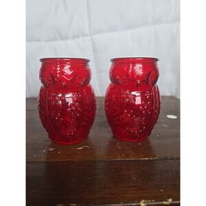 Pair of Ruby Red Owl Flash Shot Glass Toothpick Jars Small Vase 3 in